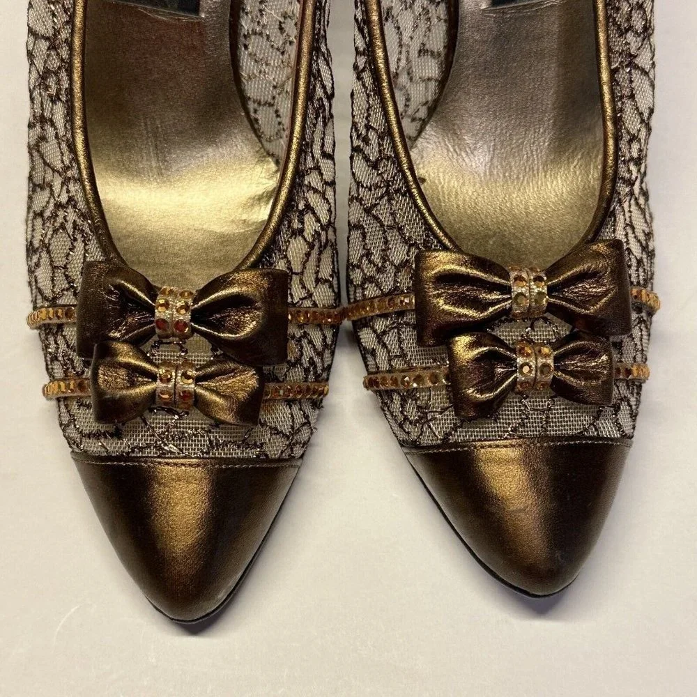 STUART WEITZMAN Womens Heels Shoes Size 6B Brown Guipure Lace Beaded Bow - Picture 8 of 13